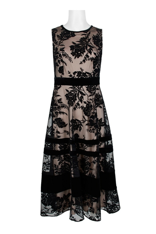 Taylor Crew Neck Banded Sleeveless Zipper Back Floral Embellished Mesh