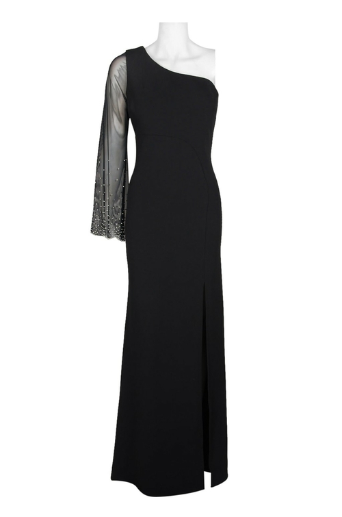 Cachet One Shoulder Embellished Sleeve Bodycon Slit Front Zipper Back