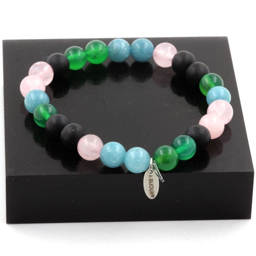 Pink Quartz + Matte Black Onyx + Aquamarine + Green Agate Bracelet