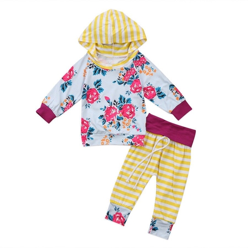 New 2 Pcs Floral Baby Girl Hooded Clothing Set