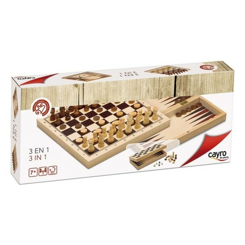 Set of 3 Board Games Cayro 648 Wood 29 x 29 cm 3-in-1 Chess Backgamon