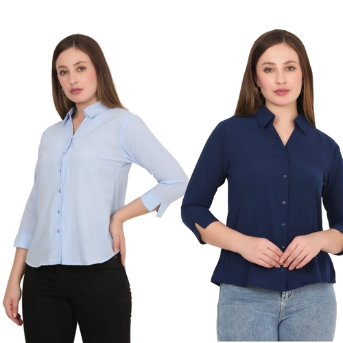 Womens Solid Formal Shirt PACK OF 2 LIGHT BLUE AND NAVY BLUE  L