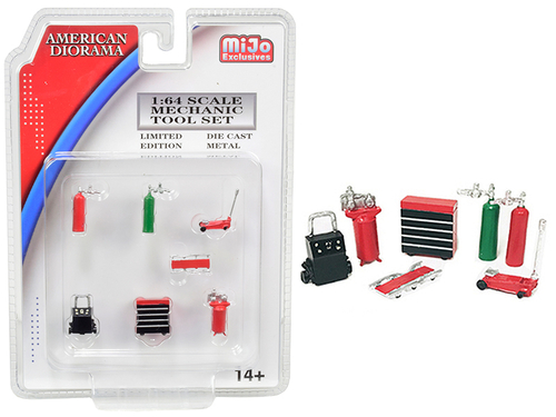 Mechanic Tool Set of 7 pieces Red for 1/64 Scale Models by American