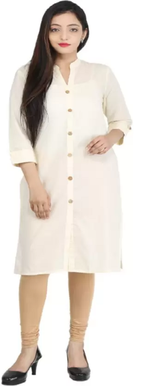 Women Solid Cotton Silk Straight Kurta  (White) Size M