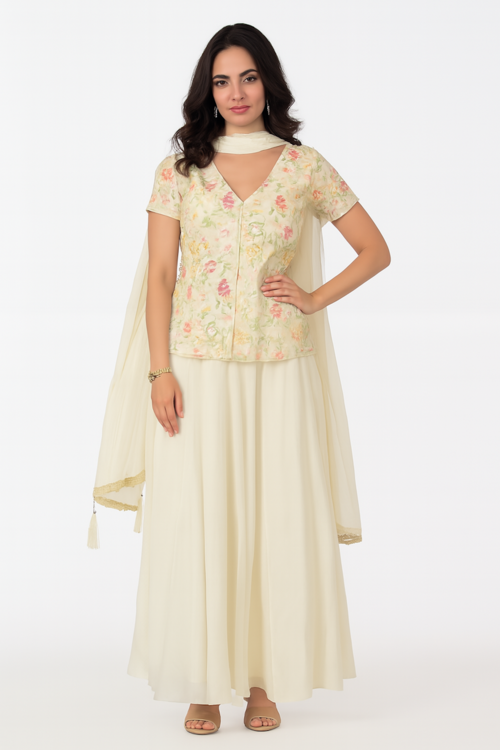 Main Elegant Traditional Women’s Ethnic Wear Set-Cream (Size-XS) | D439 image