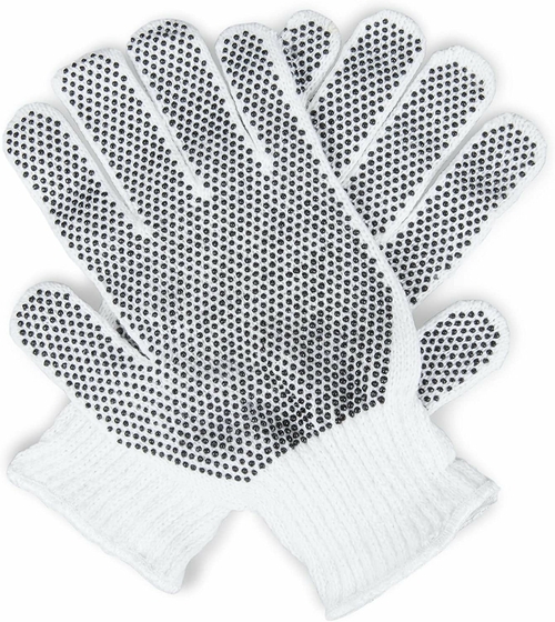 12 Pack String Knit Gloves with Black Dots 10" Size. Washable Elastic