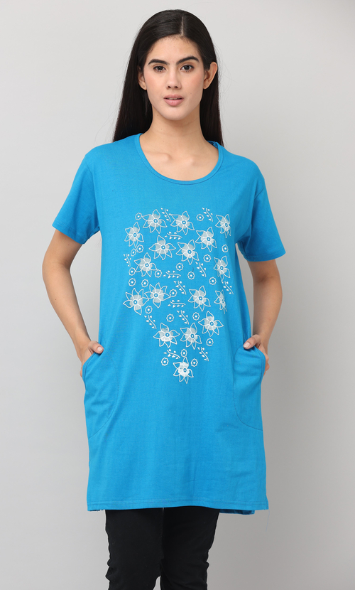 Women'S Round Neck Cotton Printed Long Tshirt (Size-Xl) (Color-Firozi)