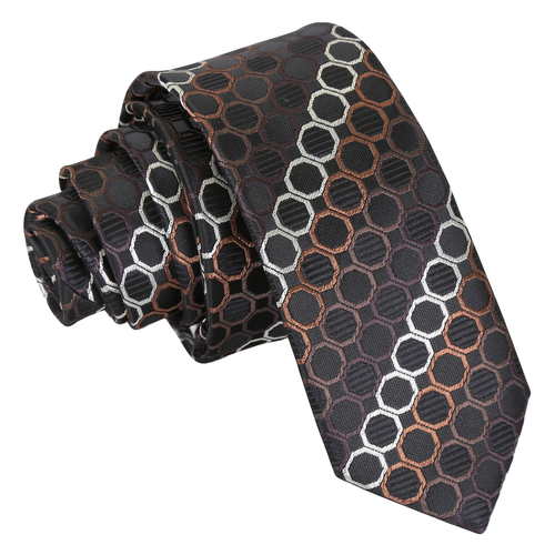 Honeycomb Polka Dot Skinny Tie - Black, Brown & Silver