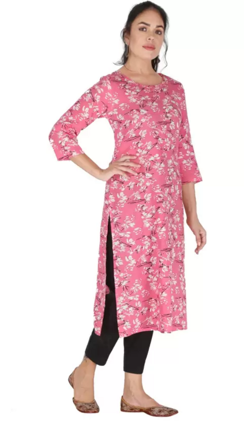 Women Floral Print Viscose Rayon Straight Kurta  (Pink) Size L