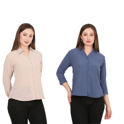 Womens Solid Formal Shirt PACK OF 2 BEIGE AND BLUE  L