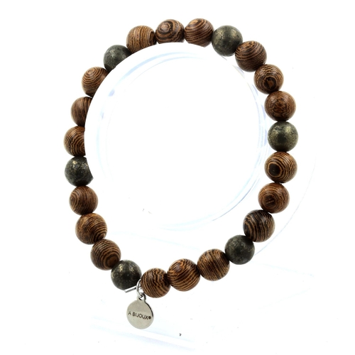 Pyrite from South Africa + wood Bracelet 8 mm Beads.