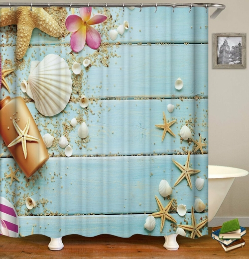 Starfish and Shells On A Blue Deck Shower Curtain