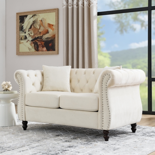 58.8" Chesterfield Sofa Beige Velvet for Living Room, 2 Seater Sofa