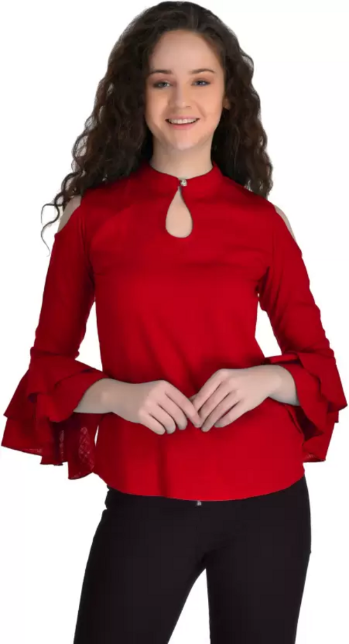 Casual Cold Shoulder Sleeves Solid Women Top (Size-S) MAROON)
