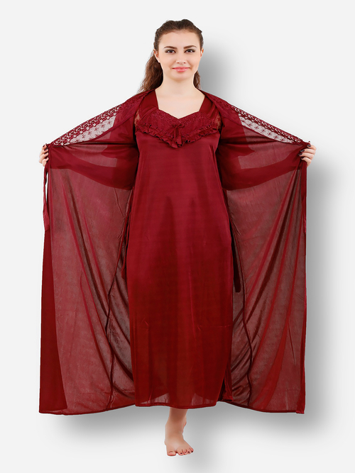 Romaisa Women's Satin Solid Maroon Maxi Length Nighty with Robe