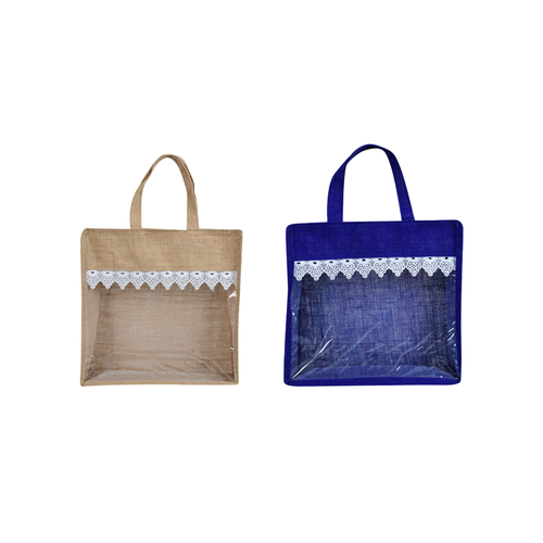 Combo of Brown and Blue Color Transparent Window Jute Bag