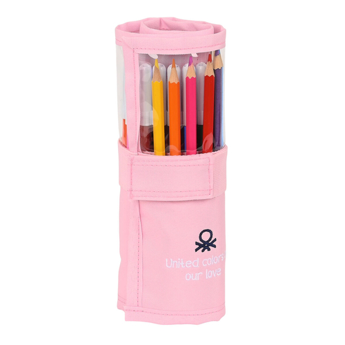 School Case with Accessories Benetton Vichy Roll-up Pink (27 Pieces)