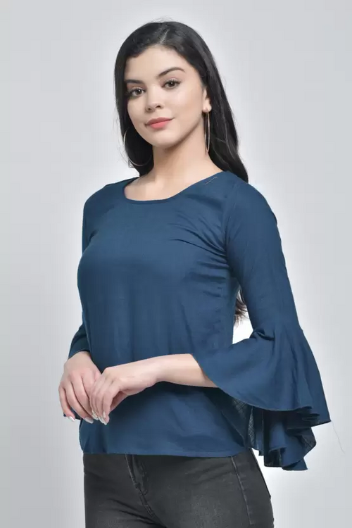 Casual Bell Sleeves Solid Women TOP (Size-L) BLUE)