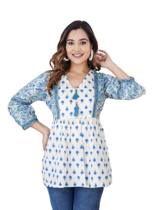 Handicrafts Women Printed 3/4 Sleeves V-Neck Cotton Regular Top