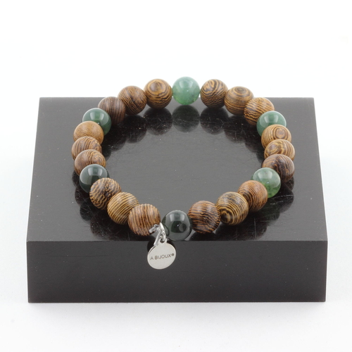 Moss agate + wood Bracelet 8 mm Beads.