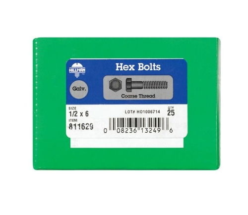 Hillman 811629 0.5 x 6 in. Galvanized Hex Bolt