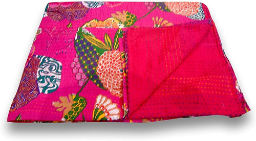 Pink Jaipuri Quilt Handmade Bed Cover Cotton Kantha Blanket