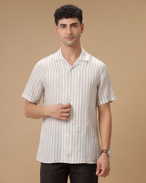 Men's Linen Beige Striped Half Sleeve Casual Shirt (Size-M)