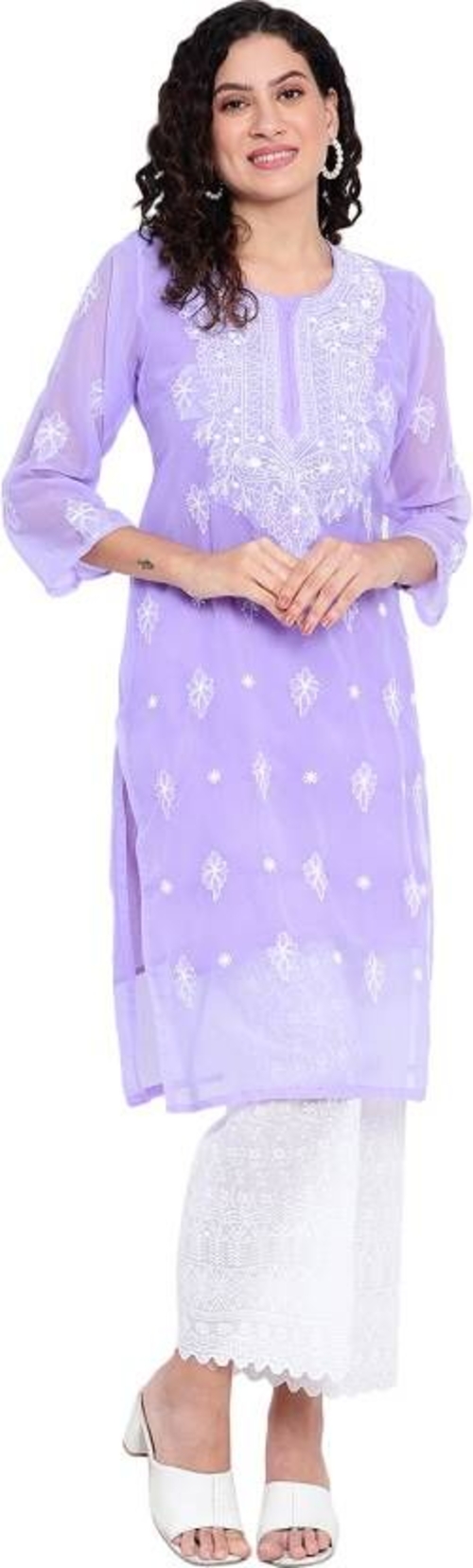 Women Chikanari 3/4th Sleeve  Embroidery Georgette Straight Kurta 