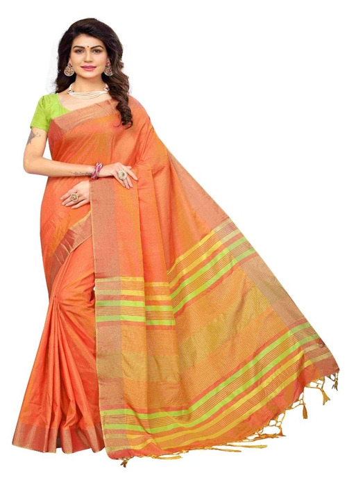 Generic Women's Cotton Silk Saree (Orange, 5-6