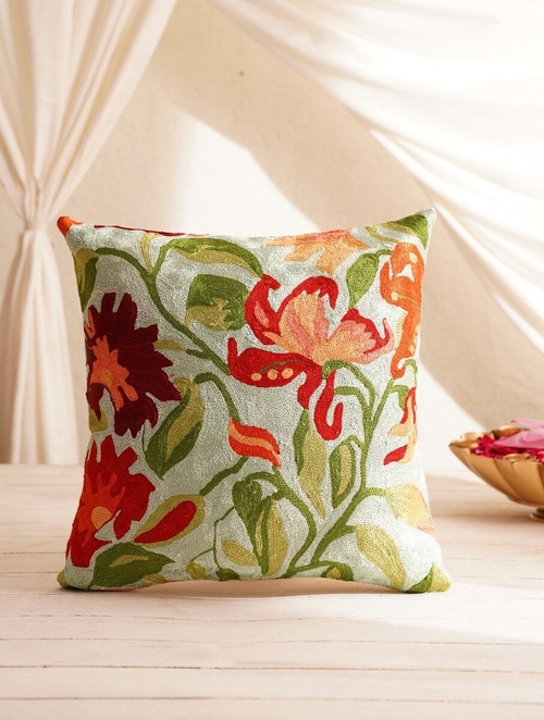 Multicolour Cotton With Silk Threads Kashmiri Crewel Cushion Cover