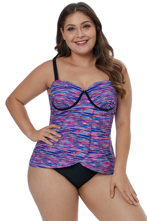 Purplish Fuzzy Striped Flyaway Tankini Top