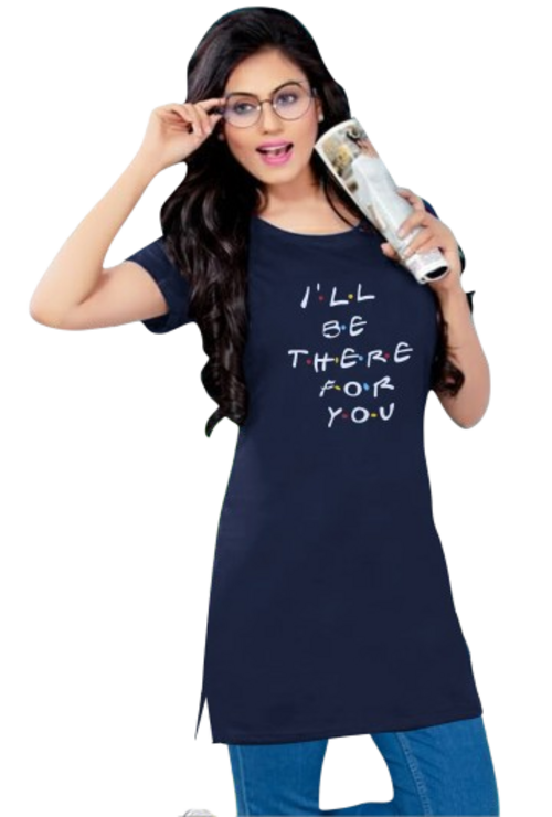 Women's Navy Blue Long Round Neck Tshirt with Two Size Cut Size L