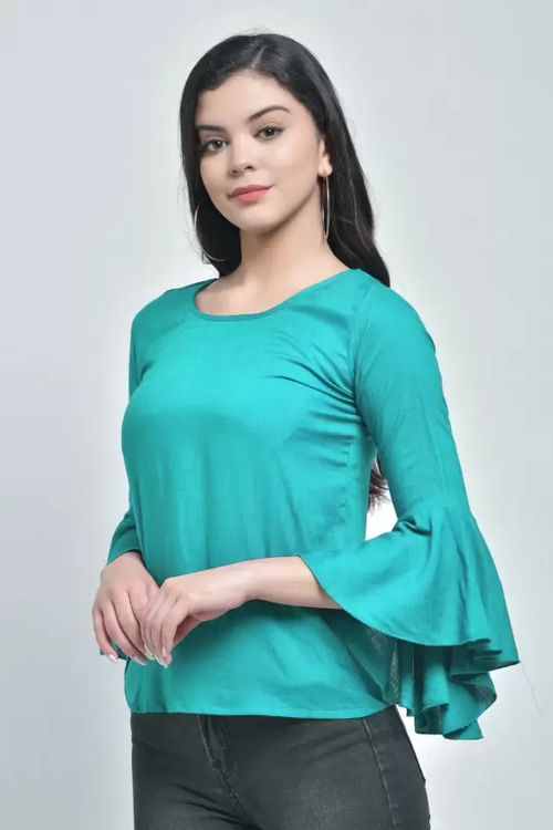 Casual Bell Sleeves Solid Women TOP (Size-L) SEA GREEN )