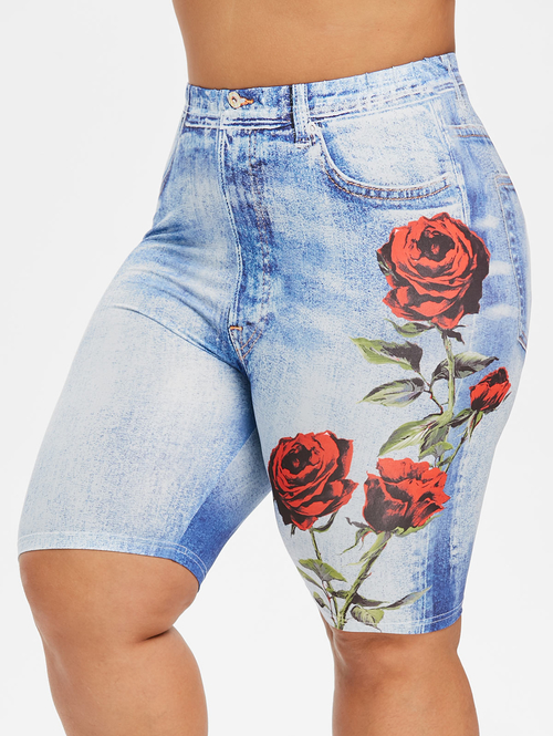  Plus Size 3D Floral Print Skinny Short