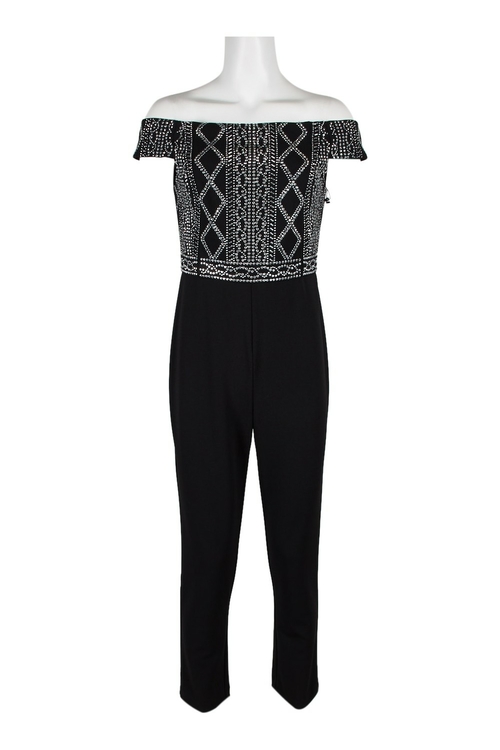 Adrianna Papell Off-Shoulder Embellished Zipper Back Crepe Jumpsuit
