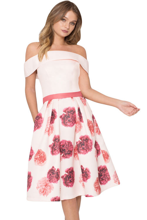 Pink Off Shoulder Flared Floral Dress