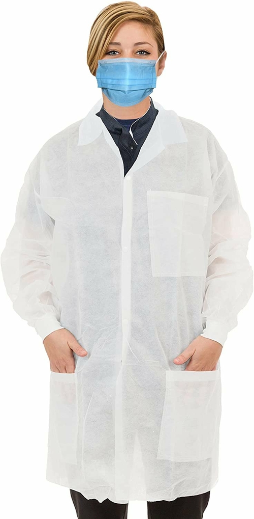 Disposable Lab Coats. Pack of 10 White Adult Frocks. Medium