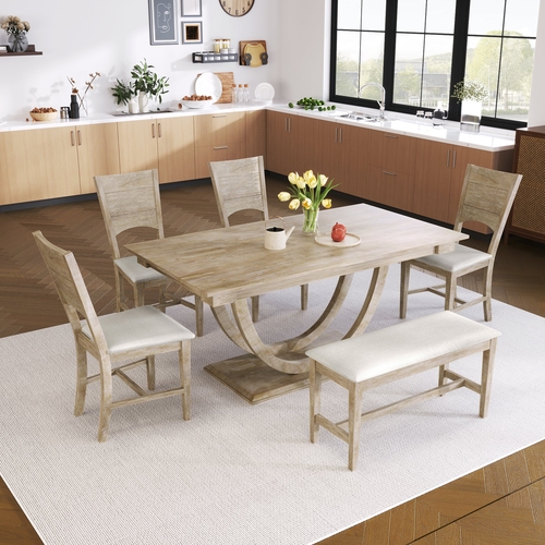 6-Piece Wood Half Round Dining Table Set Kitchen Table Set with Long