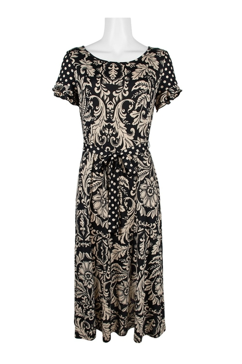 Perceptions Scoop Neck Short Sleeve Tie Front Multi Print Dress