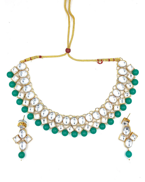 Gold-Plated Stone-Studded Necklace & Earrings Set Finish with sea