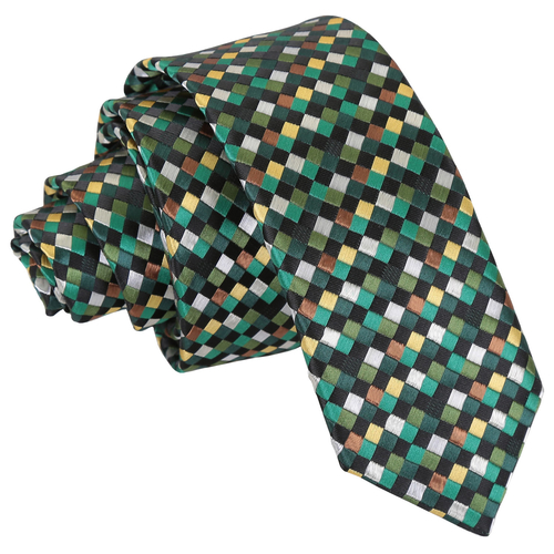 Chequered Geometric Skinny Tie - Green with Gold, Silver and Bronze