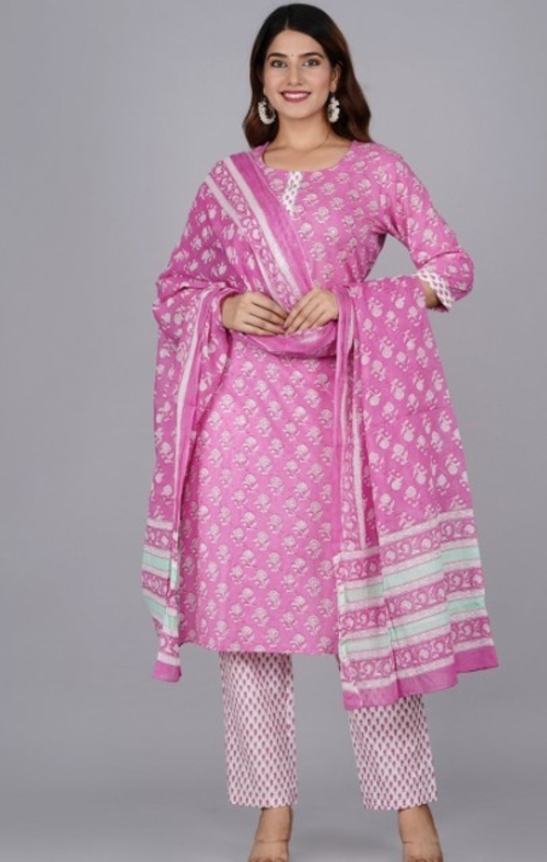 Women Floral Printed Pure Cotton Kurta with Trousers & With Dupatta