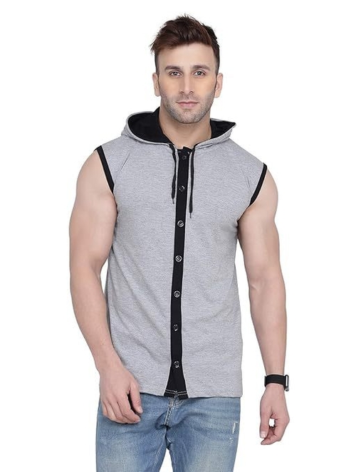 Men's Button Design Hooded Neck Tshirt (Size-S) (Color-LIGHT GREY)