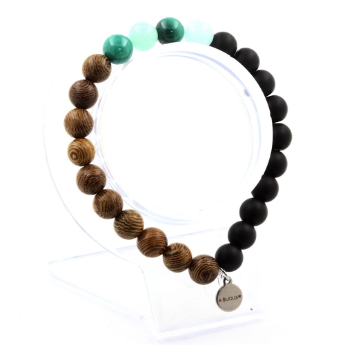 Malachite + Amazonite + Matte Black Onyx + Wood Bracelet 8 mm Beads.