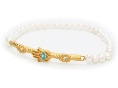 Fronay 212399P Elastic Pearls & Hamsa Evil Eye Bar Bracelet in Vermeil