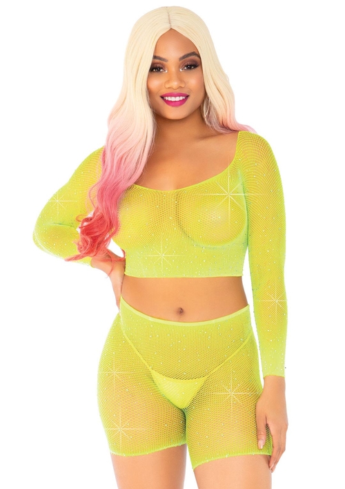 2 Pc Rhinestone Fishnet Crop Top and Biker  Shorts - One Size - Neon