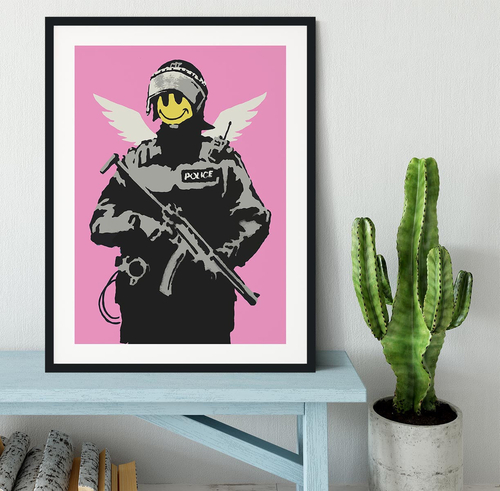 Banksy Smiley Angel Policeman Pink Framed Print