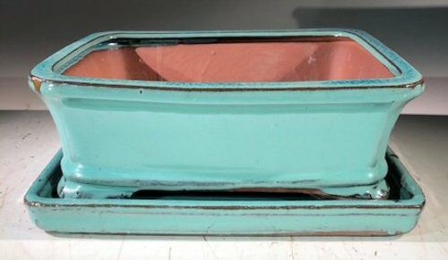 Light Blue Ceramic Bonsai Pot - RectangleWith Humidity Drip Tray8" x