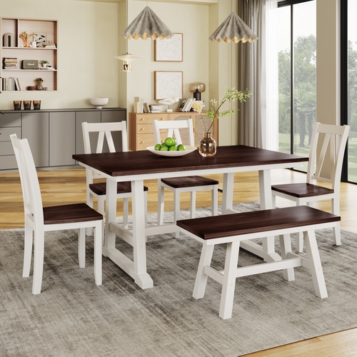 6-Piece Wood Dining Table Set Kitchen Table Set with Long Bench and 4