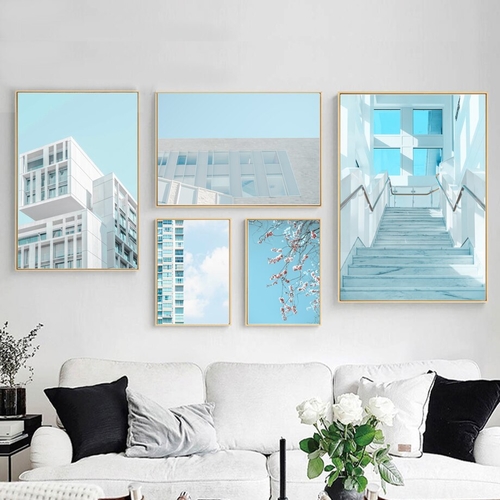 Stairs Building Pink Cherry Blossoms Wall